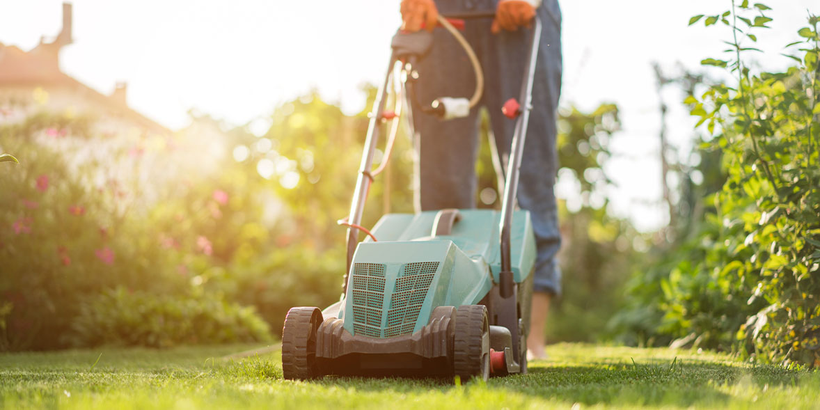 User pushing a green lawn mower across a sunny garden, with flowers and greenery in the background.