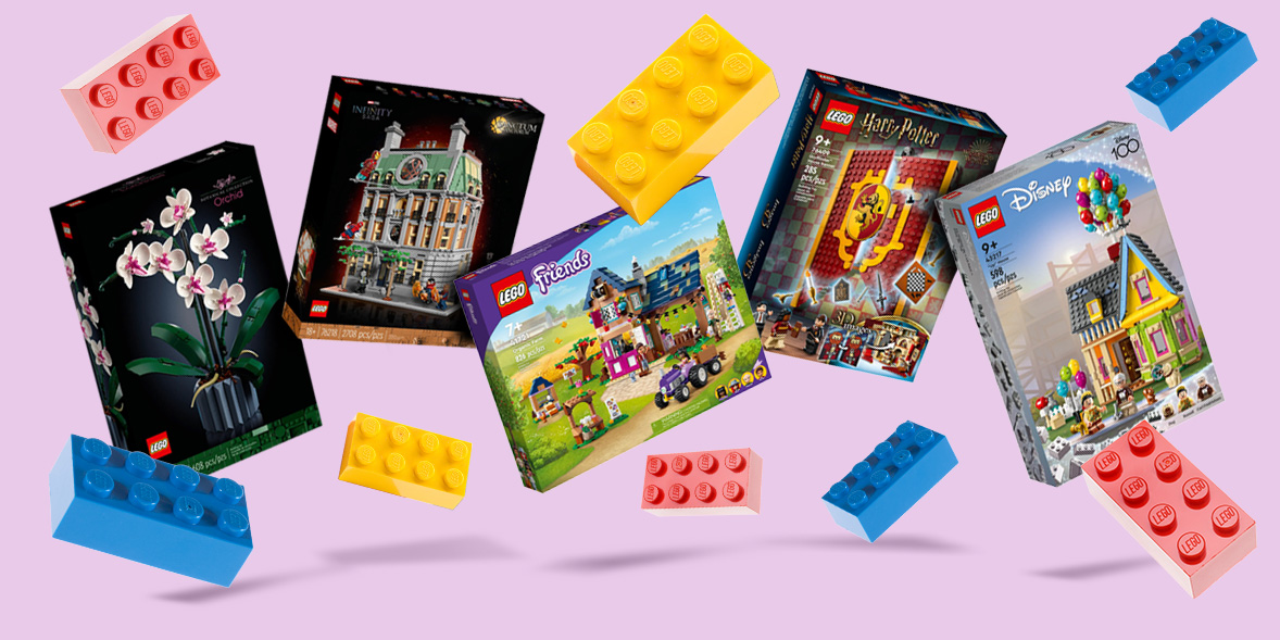 Colorful LEGO sets of various themes—including Friends, Disney, and Harry Potter