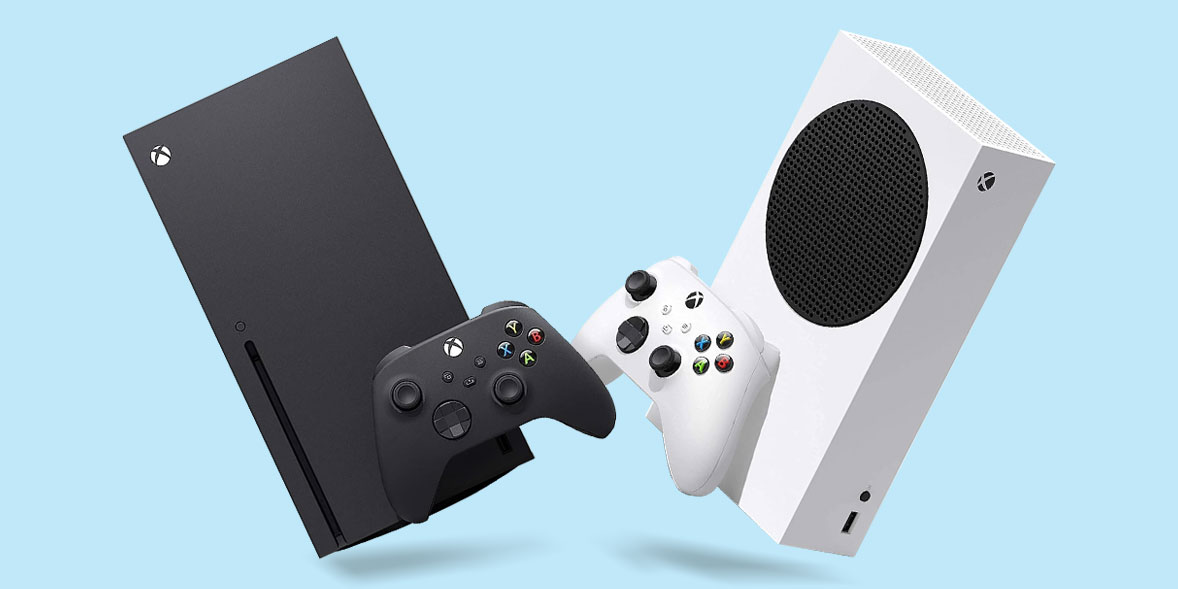 Black Xbox Series X console with a controller next to a white Xbox Series S console, both against a light blue background.