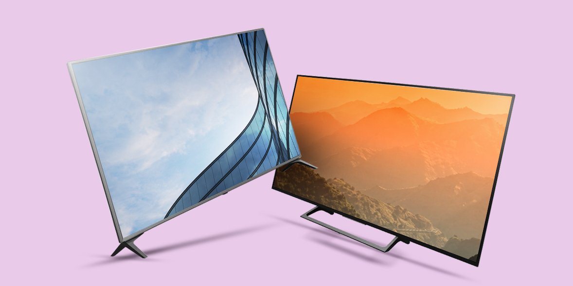 Two modern flat-screen televisions on a pink background; one displays a clear sky, the other a warm mountain sunset.
