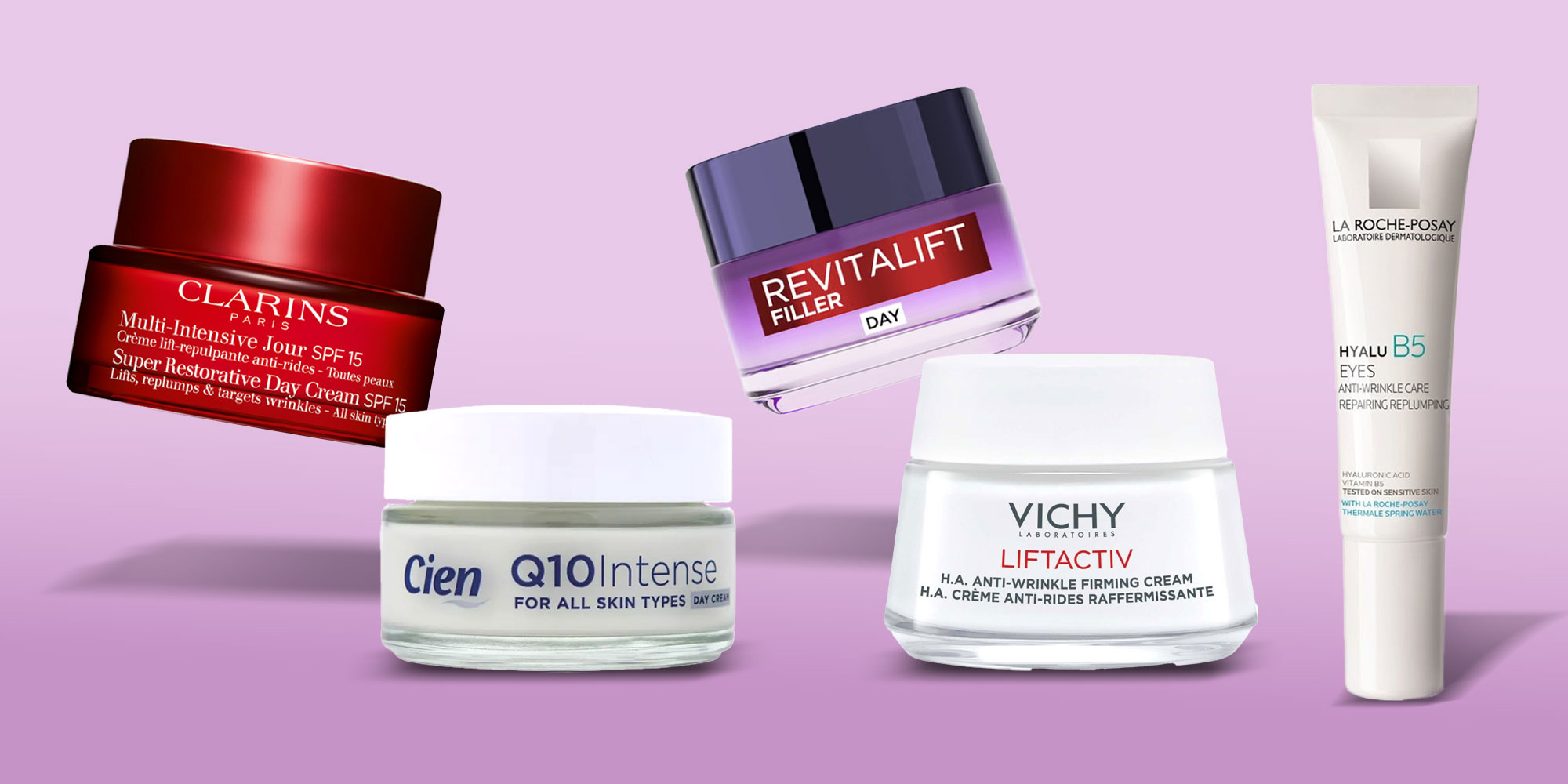 Clarins Restorative Cream, Cien Q10 Intense cream, L'oreal Paris Revitalift Filler cream, Vichy Liftativ, and La Rouche-Posay B5 cream on a purple background.  