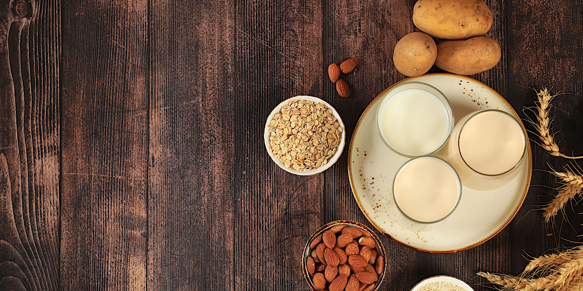 Different types of milk, including dairy, oat and potato