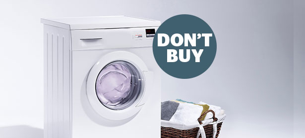 White front-loading washing machine beside a laundry basket filled with folded clothes, with a bold "DON'T BUY" overlay.