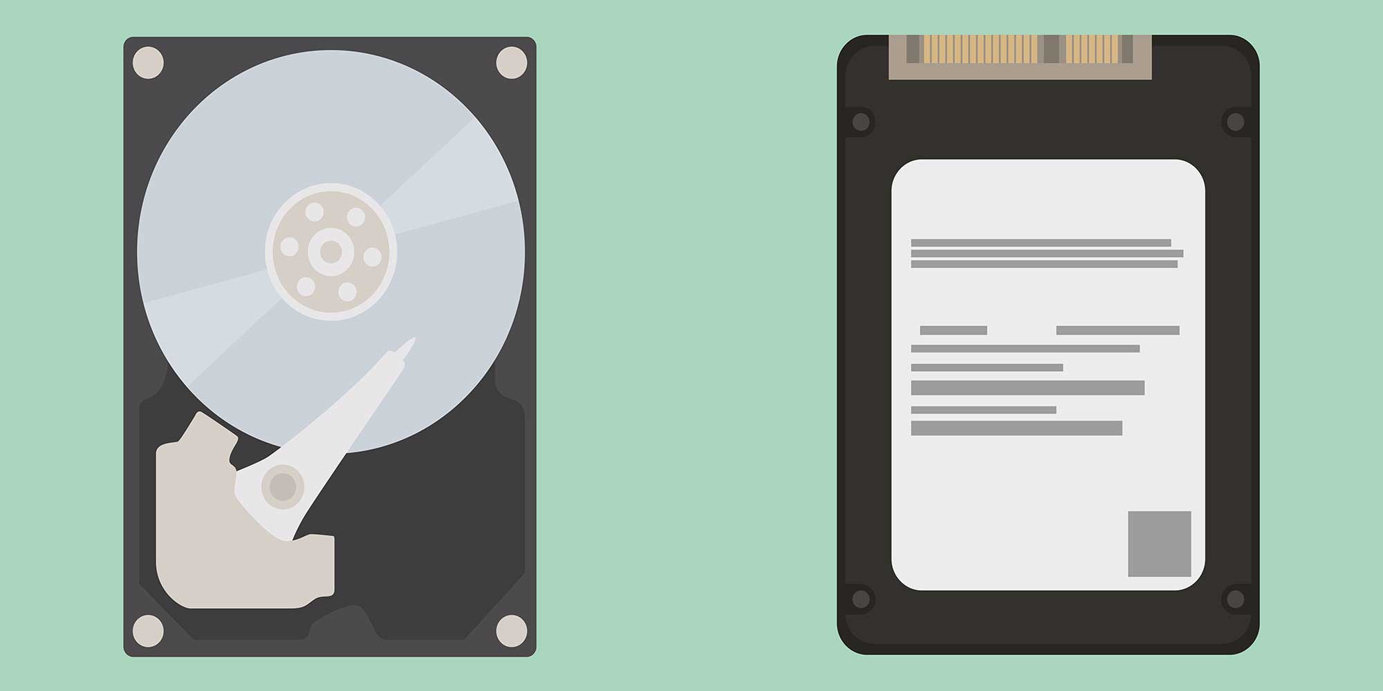 Left: traditional hard drive with visible platter and read/write arm. Right: solid-state drive with a simple, sleek design.