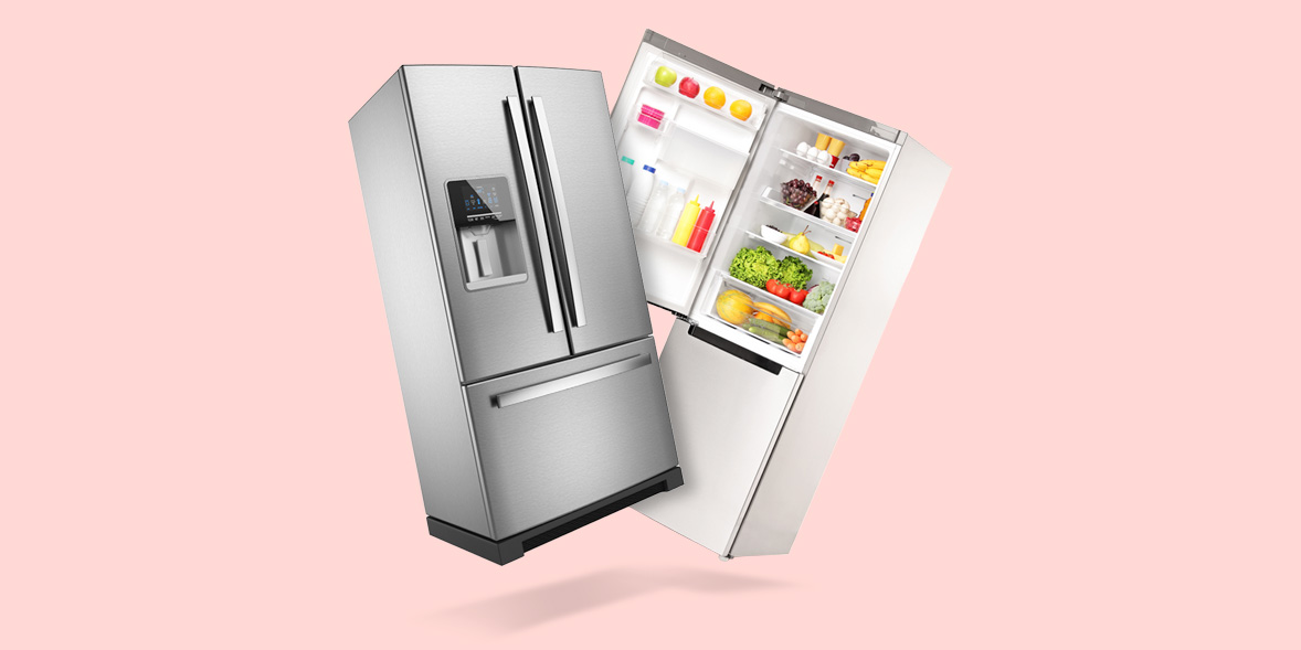 Silver double-door fridge freezer with water dispenser, beside a white fridge freezer