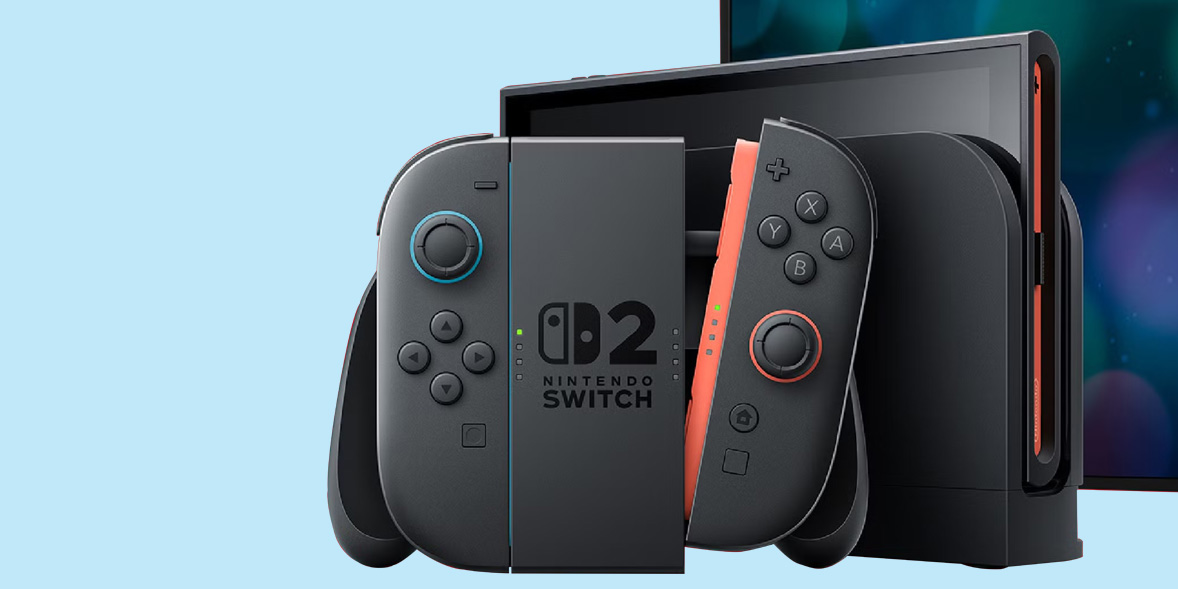 Nintendo Switch console with detachable red and blue Joy-Con controllers, set against a light blue background.