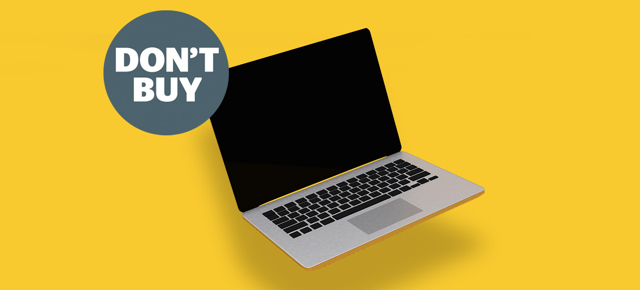 Laptop with a black screen on a yellow background, featuring a circular badge that says "DON'T BUY."
