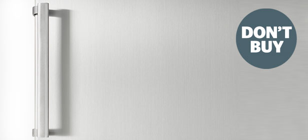 Stainless steel fridge freezer with a sleek design and a round blue sticker that reads "DON'T BUY."