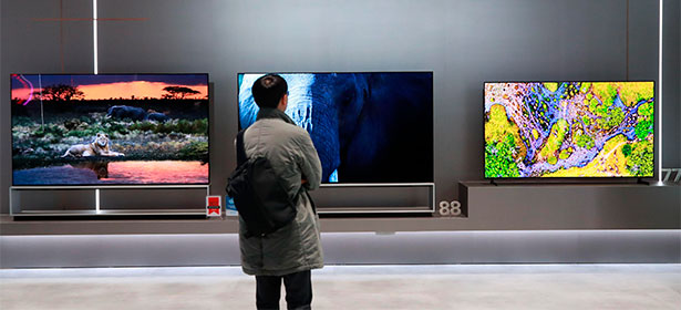 A person stands before three large TVs displaying vibrant nature scenes, including wildlife and colorful abstract patterns.
